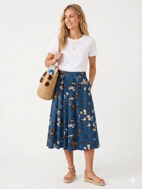 Geiger Wool Cottagecore Bird Floral Midi Skirt Blue Pleated Size 38